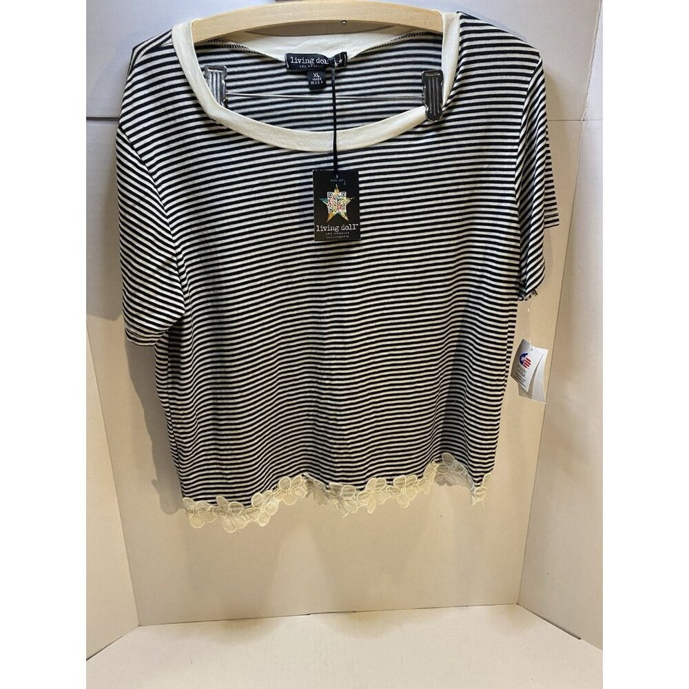 Living Doll Black And White Striped Top Women’s‎ XL Trimmed Lacey ~ New
